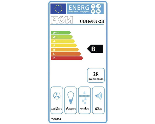 Energielabel für PKM UBH6002-2H mit Energieeffizienzklasse B, jährlichem Energieverbrauch von 28 Kilowattstunden und Lautstärke von 62 Dezibel