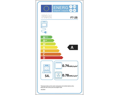 Energielabel des PKM F7-2S Backofens mit der Energieeffizienzklasse A, einem Verbrauch von 0,74 Kilowattstunden pro Zyklus im konventionellen Modus und 0,78 Kilowattstunden pro Zyklus im Umluftmodus sowie einem Volumen von 54 Liter.