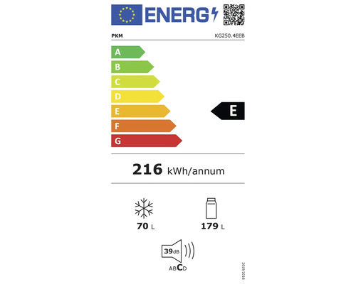 Energielabel PKM KG250.4EEB mit Energieeffizienzklasse E, jährlichem Energieverbrauch von 216 Kilowattstunden, Gefrierfach 70 Liter und Kühlfach 179 Liter, sowie einer Lautstärke von 39 Dezibel.