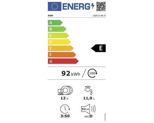 Energielabel für PKM GSP12-4E FI Geschirrspüler mit der Energieeffizienzklasse E, Stromverbrauch 92 Kilowattstunden pro 100 Zyklen, Wasserverbrauch 11,0 Liter, Geräuschpegel 52 Dezibel und Programmdauer 3 Stunden 50 Minuten.