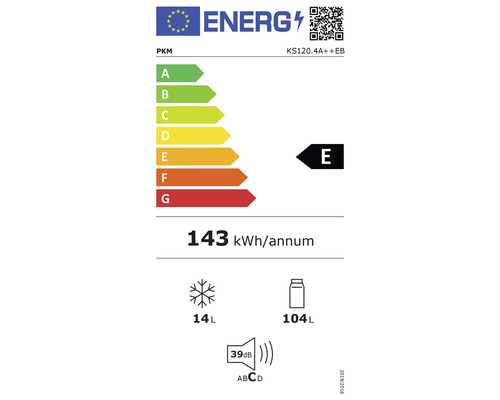 Energielabel PKM KS120.4A++EB mit Energieeffizienzklasse E, jährlichem Energieverbrauch 143 kWh, Gefrierfachvolumen 14 Liter und Kühlfachvolumen 104 Liter, sowie einer Geräuschemission von 39 Dezibel