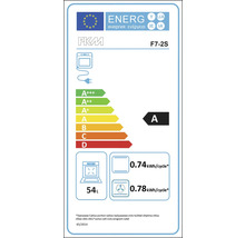 Energielabel des PKM F7-2S Backofens mit der Energieeffizienzklasse A, einem Energieverbrauch von 0,74 Kilowattstunden pro Zyklus im Umluftbetrieb und einem Garraumvolumen von 54 Litern