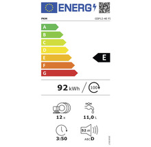 Energielabel für PKM GSP12-4E FI Geschirrspüler mit der Energieeffizienzklasse E, Energieverbrauch 92 Kilowattstunden pro 100 Zyklen, 12 Maßgedecke, Wasserverbrauch 11 Liter pro Spülgang, Programmdauer 3 Stunden 50 Minuten und Lautstärke 52 Dezibel.