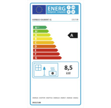 Energielabel mit der Effizienzklasse A und einem Verbrauch von 8,5 Kilowatt. Hornbach Baumarkt AG Logo.