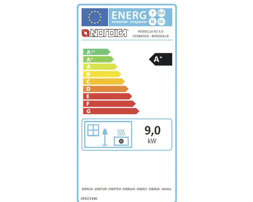Nordica Logo. Energieeffizienzlabel Rossella R1 5.0 Ceramica Bordeaux mit Energieeffizienzklasse A+ und 9,0 Kilowatt