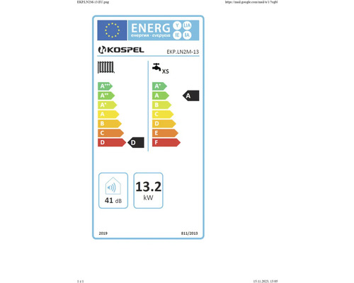 Kospel Logo, Energielabel mit Energieeffizienzklasse D für Heizung und Warmwasserbereitung, 41 Dezibel, 13,2 Kilowatt