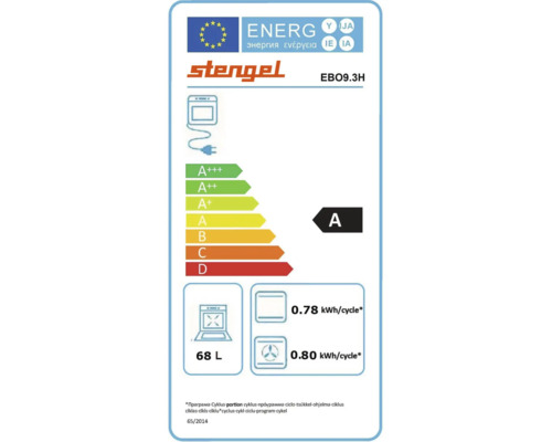 EU Energielabel für Stengel Backofen EBO9.3H, Energieklasse A, Volumen 68 Liter, Verbrauch 0,78 Kilowattstunden pro Zyklus.