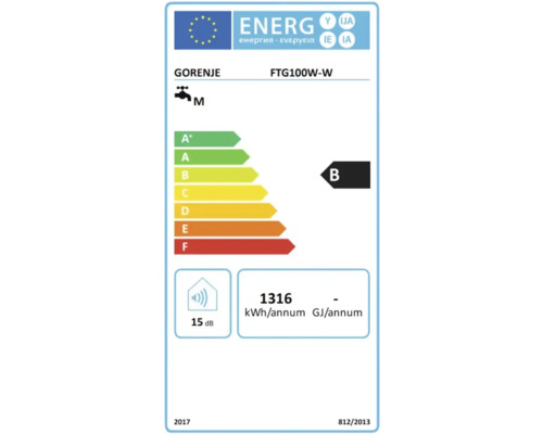 Gorenje Energielabel für FTG100W-W mit Energieeffizienzklasse B, jährlichem Energieverbrauch von 1316 kWh und Geräuschemission von 15 Dezibel