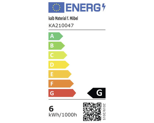 Energielabel für Möbelmaterial von Kalb, KA210047, Energieeffizienzklasse G, Energieverbrauch 6 kWh pro 1000 Stunden