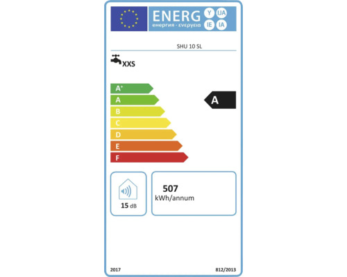 Energielabel für den Warmwasserspeicher SHU 10 SL, Energieeffizienzklasse A, Stromverbrauch 507 Kilowattstunden pro Jahr