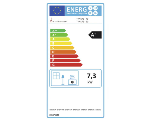 Energielabel für Kaminofen mit Energieeffizienzklasse A+ und 7,3 Kilowatt Leistung