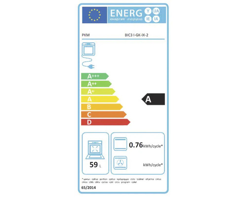 PKM Energieetikett mit der Energieeffizienzklasse A, einem Stromverbrauch von 0.76 kWh pro Zyklus und einem Volumen von 59 Litern.