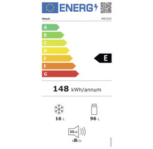 Energielabel mit Energieeffizienzklasse E, einem jährlichen Energieverbrauch von 148 Kilowattstunden, einem Gefrierfachvolumen von 16 Litern, einem Kühlfachvolumen von 96 Litern und einer Geräuschemission von 35 Dezibel