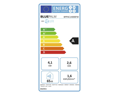 Energielabel für BLUEPALM BPAC14000FW mit Energieeffizienzklasse A, 4,1 Kilowatt, 2,6 EER und 65 Dezibel