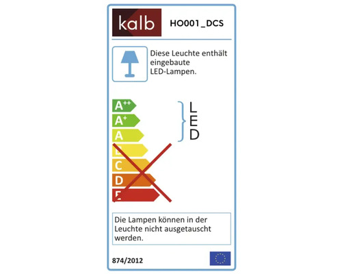 Energielabel für Leuchten mit eingebauten LED-Lampen, Energieeffizienzklassen A plus plus bis A, Lampen nicht austauschbar. Kalb Logo.