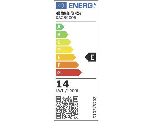 Energielabel der Europäischen Union für kalb Material für Möbel KA280006, Energieeffizienzklasse E, 14 Kilowattstunden pro 1000 Stunden.