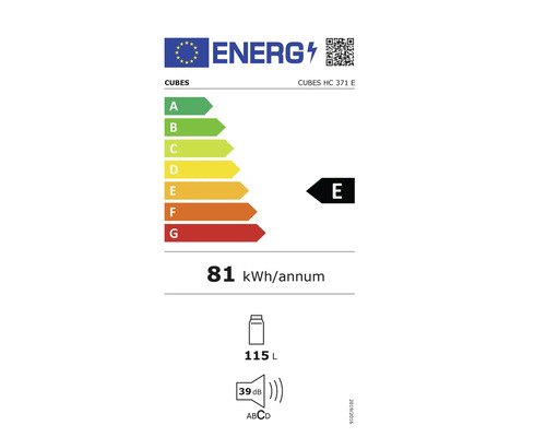 Energieeffizienzlabel CUBES HC 371 E mit der Klasse E, einem jährlichen Energieverbrauch von 81 kWh, einem Fassungsvermögen von 115 Litern und einem Geräuschpegel von 39 dB