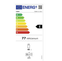 Energielabel für Cubes CC 320 E mit der Energieeffizienzklasse E, einem jährlichen Energieverbrauch von 77 Kilowattstunden, einem Fassungsvermögen von 48 Litern und einem Geräuschpegel von 39 Dezibel.