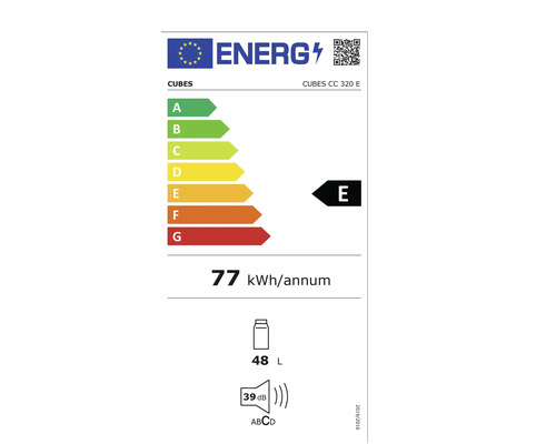 Energielabel für Cubes CC 320 E mit der Energieeffizienzklasse E, einem jährlichen Energieverbrauch von 77 Kilowattstunden, einem Fassungsvermögen von 48 Litern und einem Geräuschpegel von 39 Dezibel.