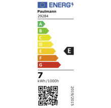 Energielabel der Europäischen Union für Paulmann 29284, Energieeffizienzklasse E, Energieverbrauch 7 Kilowattstunden pro 1000 Stunden.