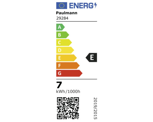 Energielabel der Europäischen Union für Paulmann 29284, Energieeffizienzklasse E, Energieverbrauch 7 Kilowattstunden pro 1000 Stunden.