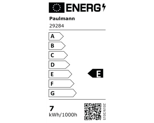 EU-Energielabel für Paulmann 29284, Energieeffizienzklasse E, Energieverbrauch 7 kWh pro 1000 Stunden.