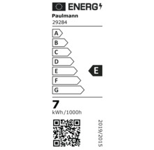 Energielabel für Paulmann 29284, Energieeffizienzklasse E, 7 Kilowattstunden pro 1000 Stunden.