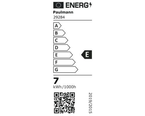 Energielabel für Paulmann 29284, Energieeffizienzklasse E, 7 Kilowattstunden pro 1000 Stunden.
