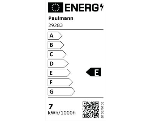 Energielabel der Europäischen Union für Paulmann 29283, Energieeffizienzklasse E, Energieverbrauch 7 Kilowattstunden pro 1000 Stunden.