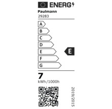 EU-Energielabel für Paulmann 29283, Energieeffizienzklasse E, Energieverbrauch 7 Kilowattstunden pro 1000 Stunden.