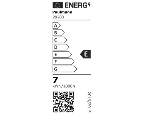 EU-Energielabel für Paulmann 29283, Energieeffizienzklasse E, Energieverbrauch 7 Kilowattstunden pro 1000 Stunden.