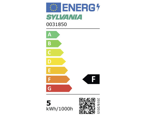 Europäisches Energielabel für Sylvania 0031850, Energieeffizienzklasse F auf einer Skala von A bis G, Verbrauch 5 Kilowattstunden pro 1000 Stunden.