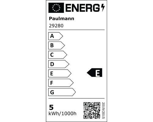 Energielabel der Europäischen Union für Paulmann 29280, Energieeffizienzklasse E, Energieverbrauch 5 Kilowattstunden pro 1000 Stunden.