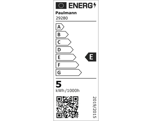 EU-Energielabel für Paulmann Modell 29280, Energieeffizienzklasse E, Energieverbrauch 5 Kilowattstunden pro 1000 Stunden.