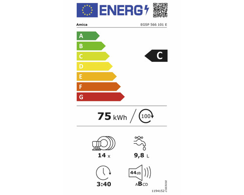 EU-Energielabel Amica EGSP 566 101 E, Klasse C, 75 Kilowattstunden pro 100 Zyklen, 14 Maßgedecke, 9,8 Liter, 3 Stunden 40 Minuten, 44 Dezibel.