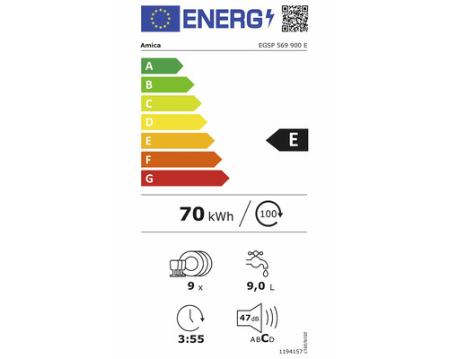 Energielabel der Europäischen Union für Amica Geschirrspüler EGSP 569 900 E. Energieklasse E, 70 Kilowattstunden, 9 Maßgedecke, 9 Liter, 47 Dezibel.