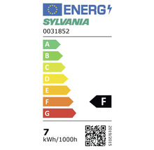EU-Energielabel von Sylvania, Modell 0031852, Energieeffizienzklasse F auf Skala A bis G, Verbrauch 7 Kilowattstunden pro 1000 Stunden.