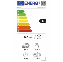 Europäisches Energielabel für Amica Geschirrspüler EGSPV 587 921, Klasse D, 67 Kilowattstunden pro 100 Zyklen, 10 Maßgedecke, 9 Liter Wasser.