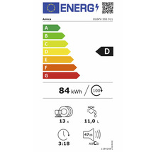 Energielabel Amica Geschirrspüler EGSPV 593 911, Klasse D, 84 Kilowattstunden pro 100 Zyklen, 13 Maßgedecke, 11 Liter und 47 Dezibel.