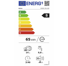 Energielabel Amica EGSPV 594 400: Klasse B, 65 Kilowattstunden pro 100 Zyklen, 14 Maßgedecke, 9,8 Liter Wasser, 3 Stunden 40 Minuten, 40 Dezibel.
