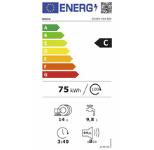 EU-Energielabel für Amica Geschirrspüler EGSPV 594 900 mit Energieeffizienzklasse C, 75 Kilowattstunden pro 100 Zyklen, 14 Maßgedecken und 44 Dezibel.