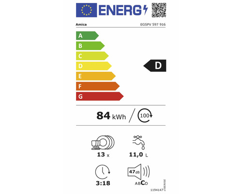 EU Energielabel für Amica Geschirrspüler EGSPV 597 916, Energieeffizienzklasse D, 84 Kilowattstunden pro 100 Zyklen, 47 Dezibel.