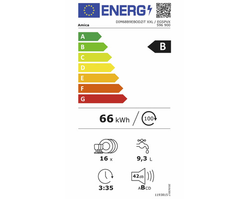Amica DIM68B9EBODZIT XXL: Klasse B, 66 Kilowattstunden pro 100 Zyklen, 16 Maßgedecke, 9,3 Liter Wasser, 3 Stunden 35 Minuten, 42 Dezibel.