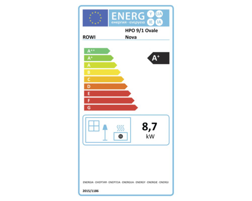 Europäisches Energielabel für ROWI HPO 9/1 Ovale Nova, Energieeffizienzklasse A plus, Wärmeleistung 8,7 Kilowatt.