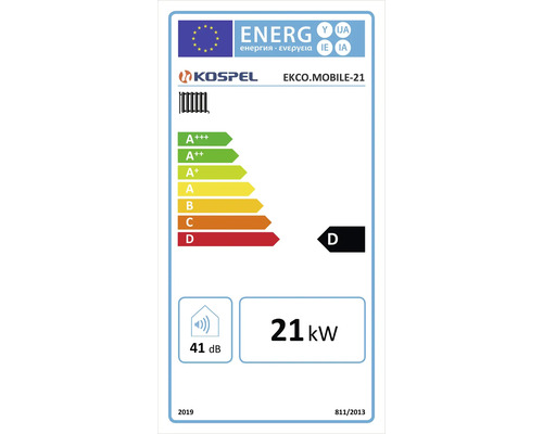 Europäisches Energielabel für Kospel EKCO.MOBILE-21, Energieeffizienzklasse D, Nennwärmeleistung 21 Kilowatt, Schallleistungspegel 41 Dezibel.