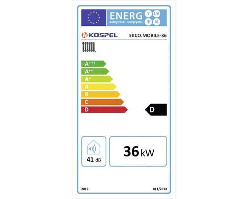 Kospel Energielabel für Elektro-Zentralheizungskessel EKCO.MOBILE-36, Energieeffizienzklasse D, 36 Kilowatt, 41 Dezibel.