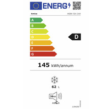 EU-Energielabel Amica EGSX 321 210, Energieeffizienzklasse D, 145 Kilowattstunden pro Jahr, 62 Liter Gefriervolumen, 39 Dezibel.