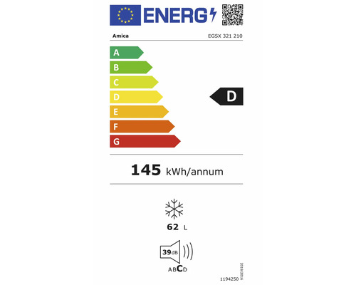 EU-Energielabel Amica EGSX 321 210, Energieeffizienzklasse D, 145 Kilowattstunden pro Jahr, 62 Liter Gefriervolumen, 39 Dezibel.