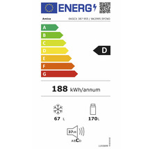 Energielabel für Amica Kühlschrank EKGCX 387 955, Energieklasse D, 188 Kilowattstunden pro Jahr, 170 Liter Kühlen, 67 Liter Gefrieren, 37 Dezibel.