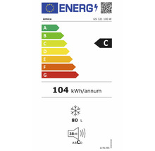 EU-Energielabel für Amica GS 321 100 W, Energieeffizienzklasse C, 104 Kilowattstunden pro Jahr, 80 Liter Gefrierfachvolumen, 38 Dezibel.